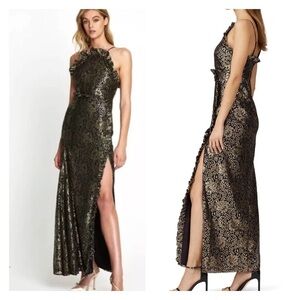 NWT ALICE MCCALL Distant Realms Maxi Gown Black Gold Metallic Lace Size US 0